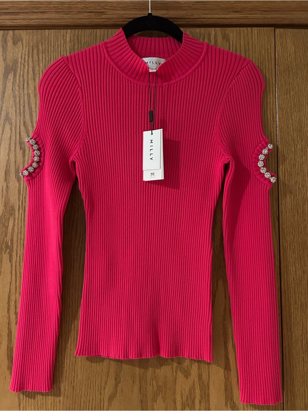 Milly Hot Pink Ribbed Long-Sleeve Top with Rhinestone Sleeve Cutouts